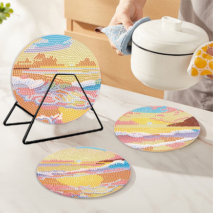 4PCS Acrylic Diamond Painted Placemats Tableware Mat with Holder(Beach Sea Wave)