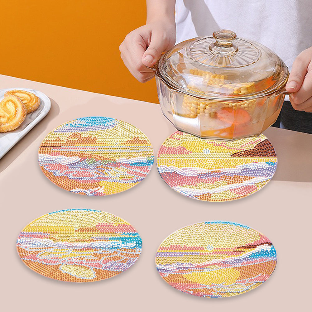 4PCS Acrylic Diamond Painted Placemats Tableware Mat with Holder(Beach Sea Wave)