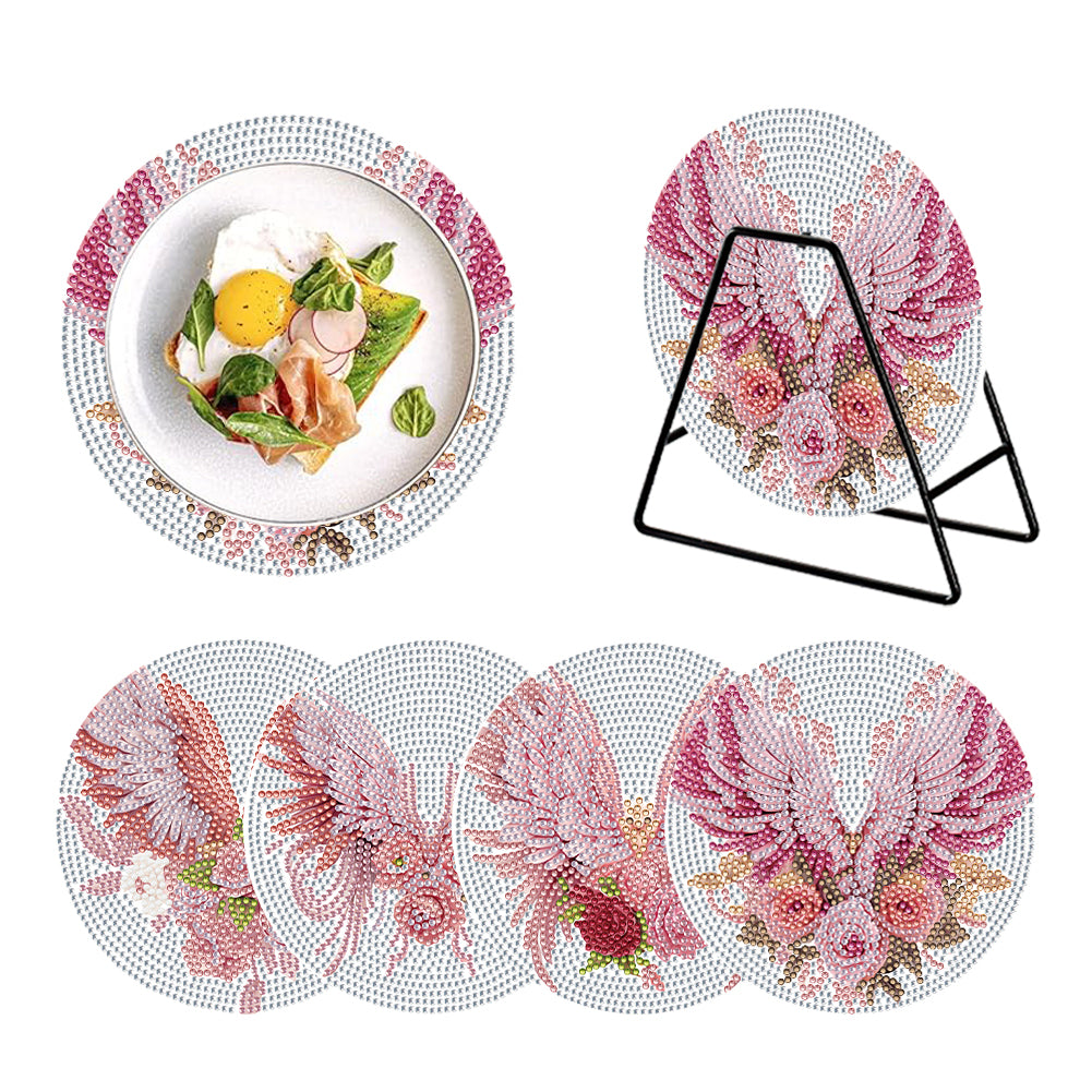 4 PCS Acrylic Diamond Painted Placemats Tableware Mat with Holder (Pink Feather)