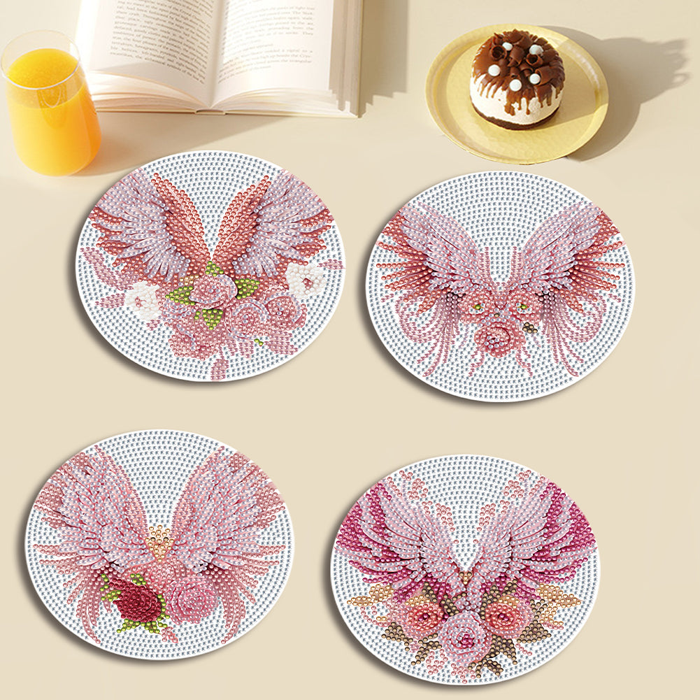 4 PCS Acrylic Diamond Painted Placemats Tableware Mat with Holder (Pink Feather)