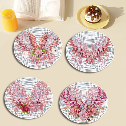 4 PCS Acrylic Diamond Painted Placemats Tableware Mat with Holder (Pink Feather)