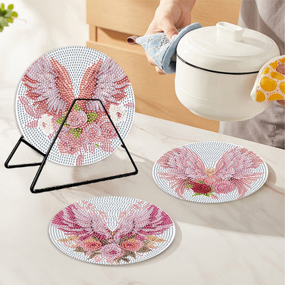 4 PCS Acrylic Diamond Painted Placemats Tableware Mat with Holder (Pink Feather)