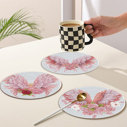 4 PCS Acrylic Diamond Painted Placemats Tableware Mat with Holder (Pink Feather)