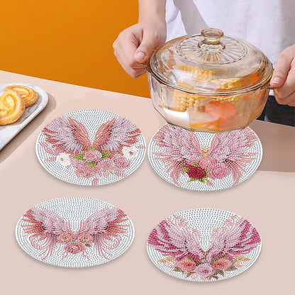 4 PCS Acrylic Diamond Painted Placemats Tableware Mat with Holder (Pink Feather)