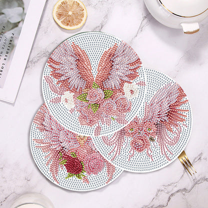 4 PCS Acrylic Diamond Painted Placemats Tableware Mat with Holder (Pink Feather)