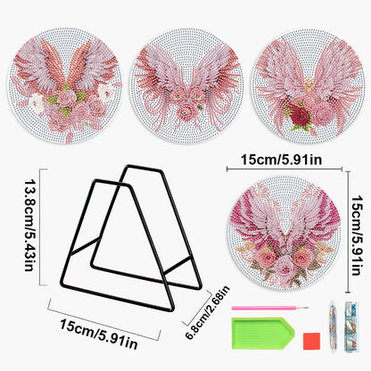 4 PCS Acrylic Diamond Painted Placemats Tableware Mat with Holder (Pink Feather)