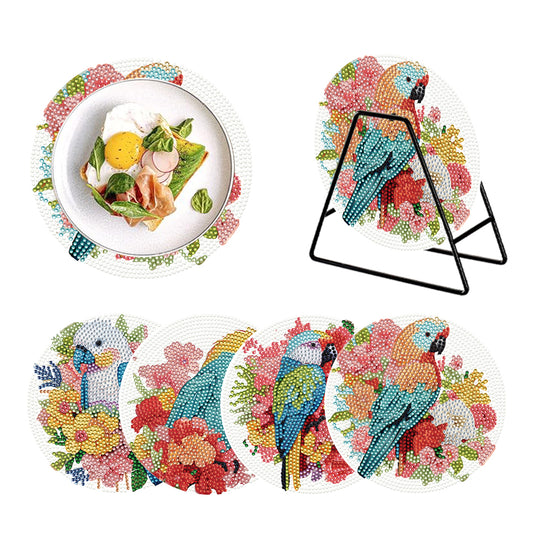 4 PCS Acrylic Diamond Painted Placemats Tableware Mat with Holder(Flower Parrot)