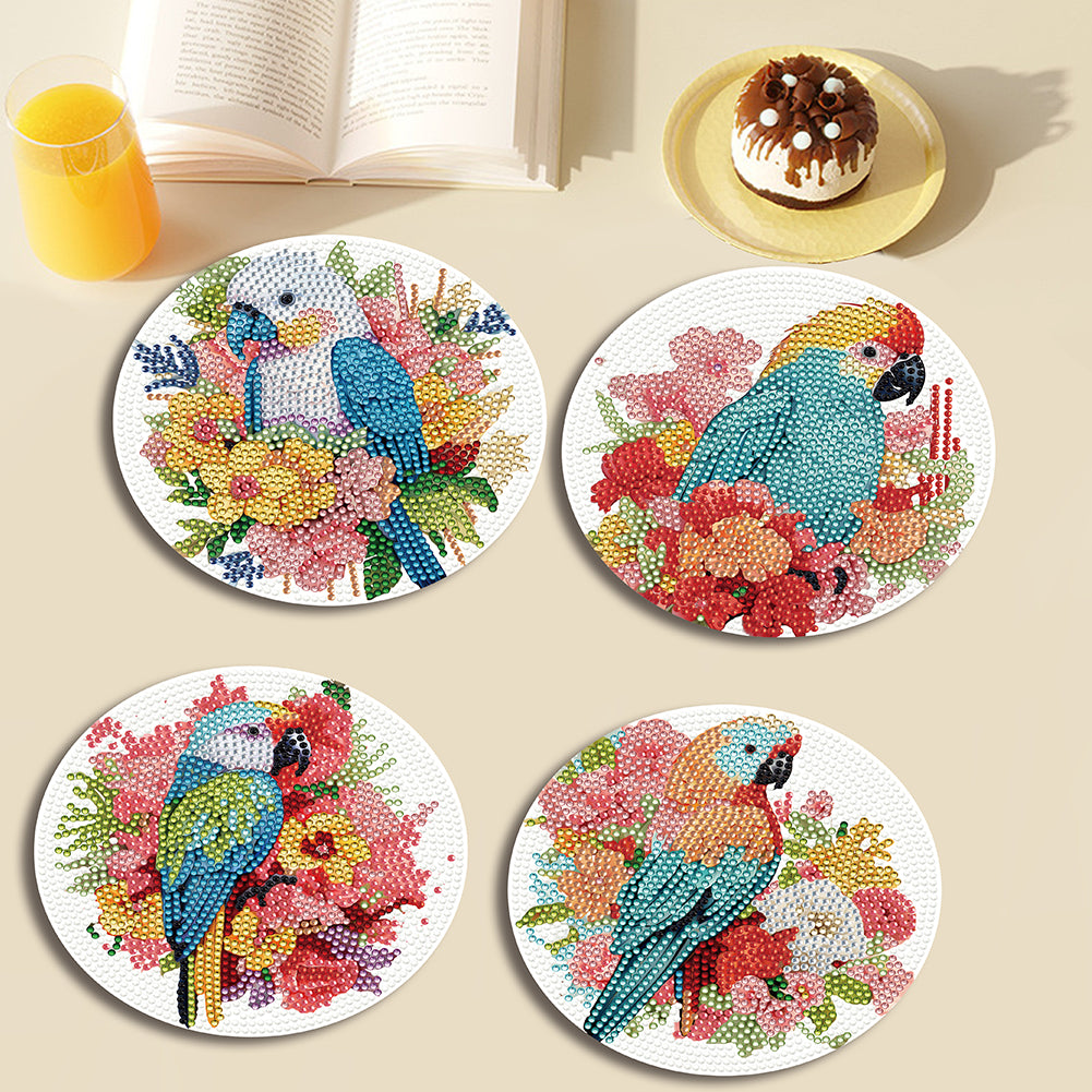 4 PCS Acrylic Diamond Painted Placemats Tableware Mat with Holder(Flower Parrot)