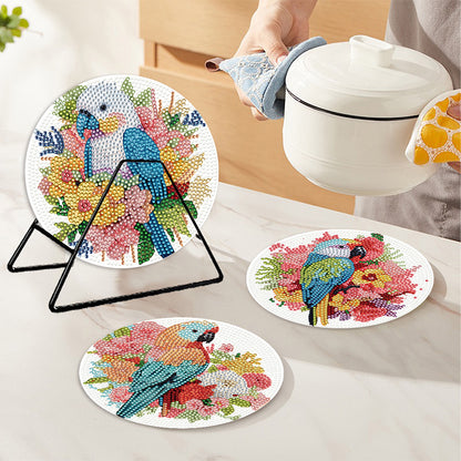 4 PCS Acrylic Diamond Painted Placemats Tableware Mat with Holder(Flower Parrot)
