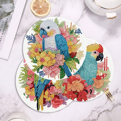 4 PCS Acrylic Diamond Painted Placemats Tableware Mat with Holder(Flower Parrot)