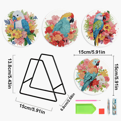 4 PCS Acrylic Diamond Painted Placemats Tableware Mat with Holder(Flower Parrot)