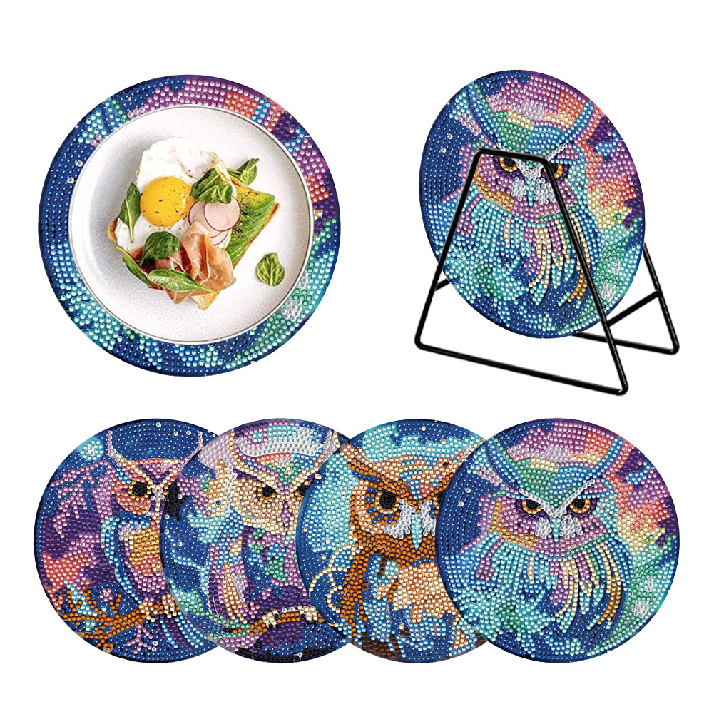 4 PCS Acrylic Diamond Painted Placemats Tableware Mat with Holder (Owl)