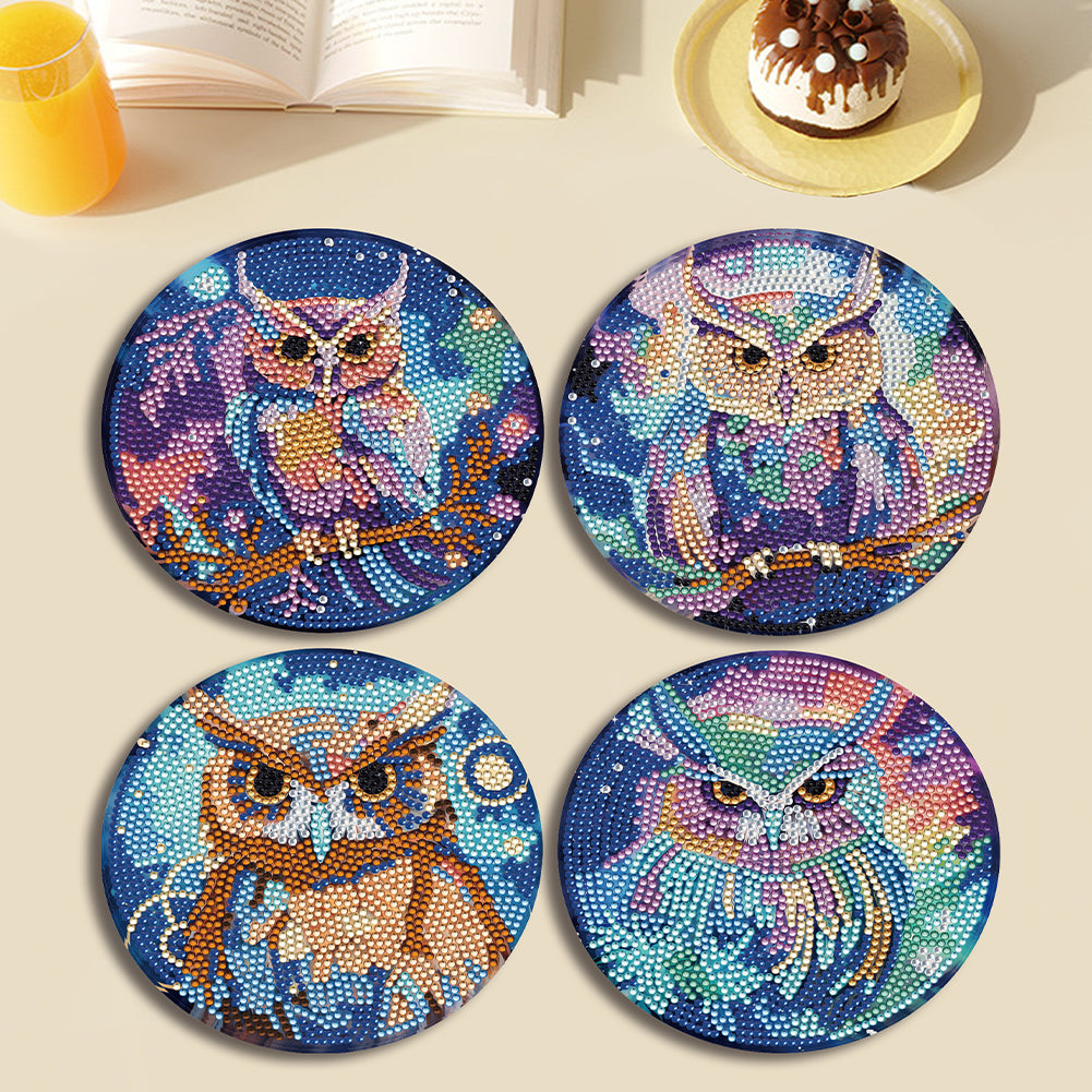 4 PCS Acrylic Diamond Painted Placemats Tableware Mat with Holder (Owl)