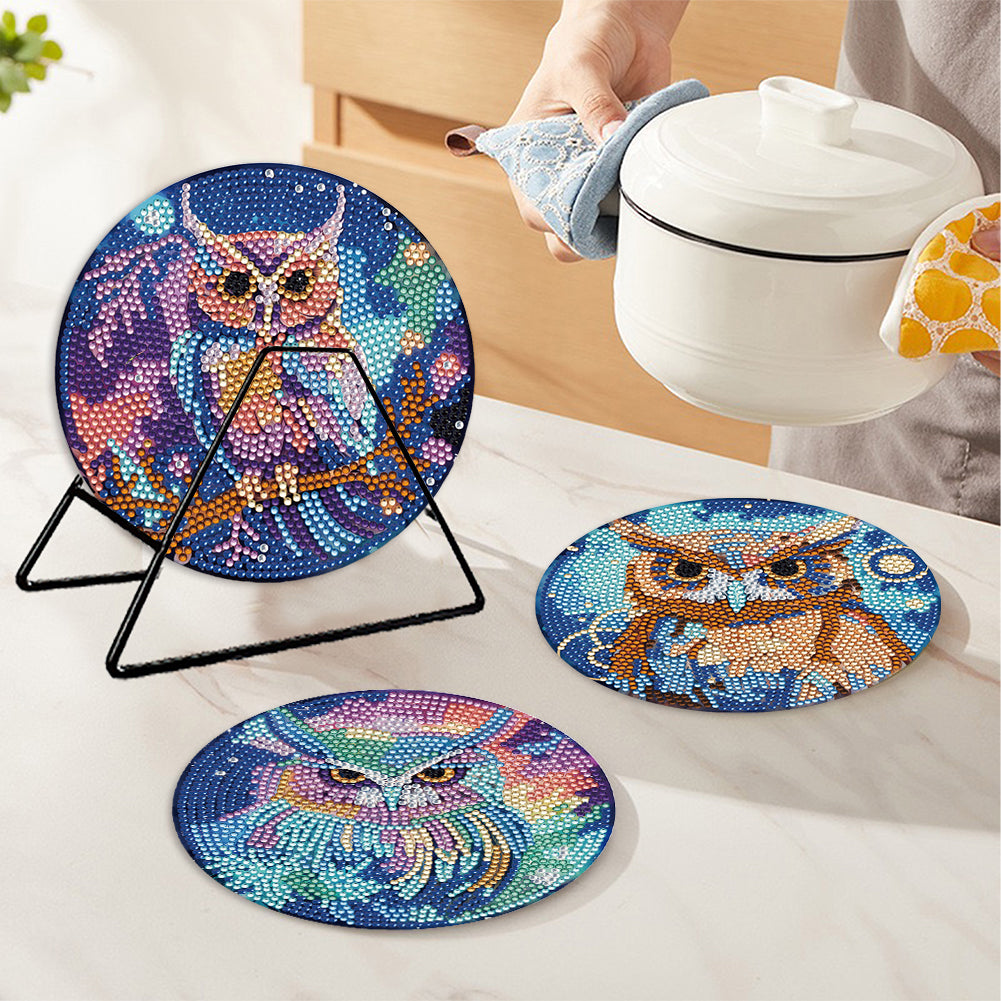 4 PCS Acrylic Diamond Painted Placemats Tableware Mat with Holder (Owl)