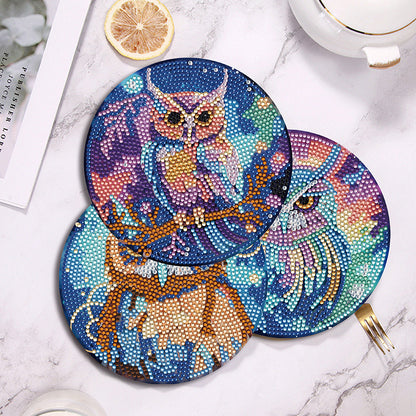 4 PCS Acrylic Diamond Painted Placemats Tableware Mat with Holder (Owl)