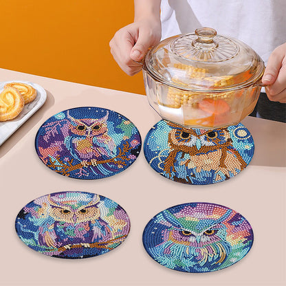 4 PCS Acrylic Diamond Painted Placemats Tableware Mat with Holder (Owl)