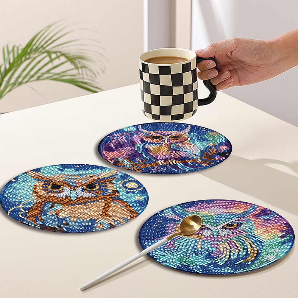 4 PCS Acrylic Diamond Painted Placemats Tableware Mat with Holder (Owl)