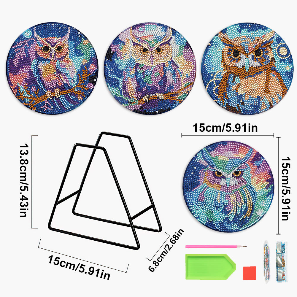 4 PCS Acrylic Diamond Painted Placemats Tableware Mat with Holder (Owl)