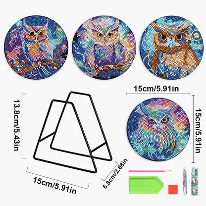 4 PCS Acrylic Diamond Painted Placemats Tableware Mat with Holder (Owl)