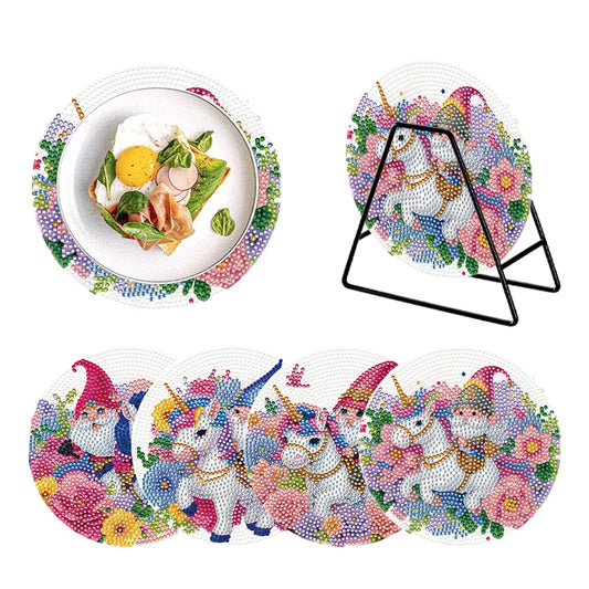 4 PCS Acrylic Diamond Painted Placemats Tableware Mat with Holder(Unicorn Gnome)