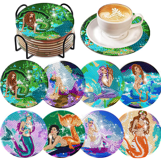 8 PCS Wooden Diamond Painting Coasters Kits with Holder for Adult Kid (Mermaid)