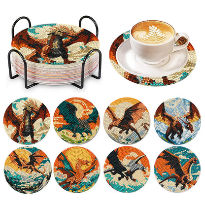 8 PCS Wooden Diamond Painting Coasters Kits with Holder for Adult Kid (Dragon)