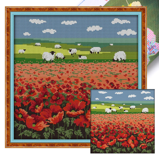 Poppy Flowers And Sheep - 14CT Stamped Cross Stitch 35*35CM(Joy Sunday)
