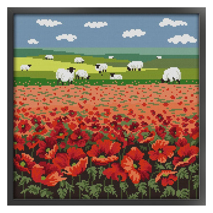 Poppy Flowers And Sheep - 14CT Stamped Cross Stitch 35*35CM(Joy Sunday)