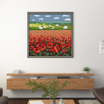 Poppy Flowers And Sheep - 14CT Stamped Cross Stitch 35*35CM(Joy Sunday)