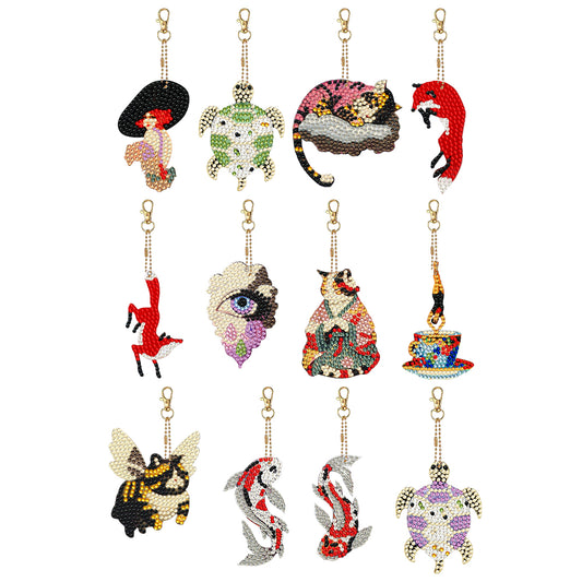 12 PCS Fox Cat Double Sided Diamond Painting Keychain for Beginners Adults Kids