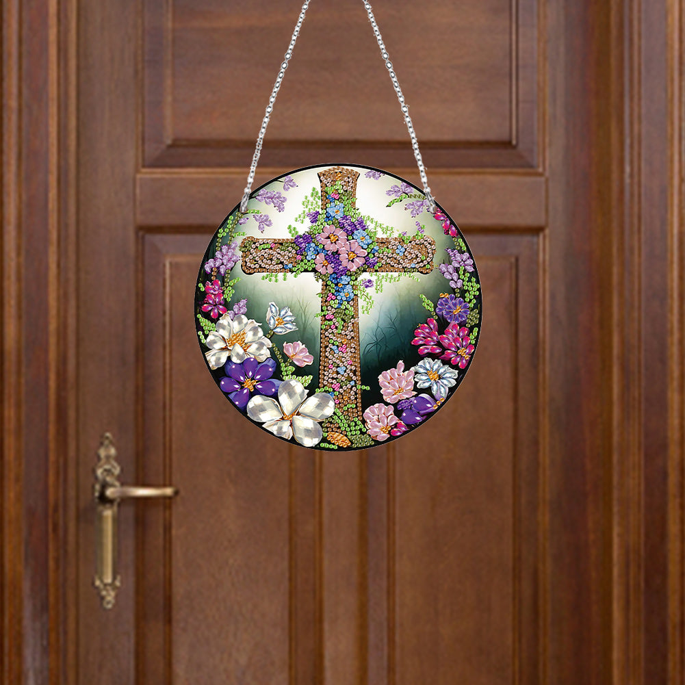 Acrylic Flower Cross Single-Sided Round Diamond Painting Hanging Pendant 20x20cm