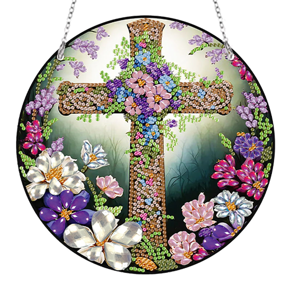 Acrylic Flower Cross Single-Sided Round Diamond Painting Hanging Pendant 20x20cm