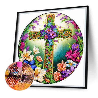 Flower Cross - Special Shaped Drill Diamond Painting 30*30CM