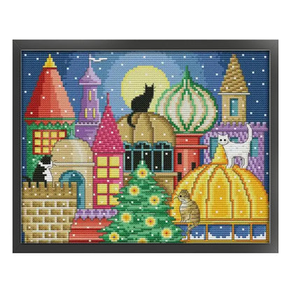 Cat City - 14CT Stamped Cross Stitch 30*25CM(Joy Sunday)