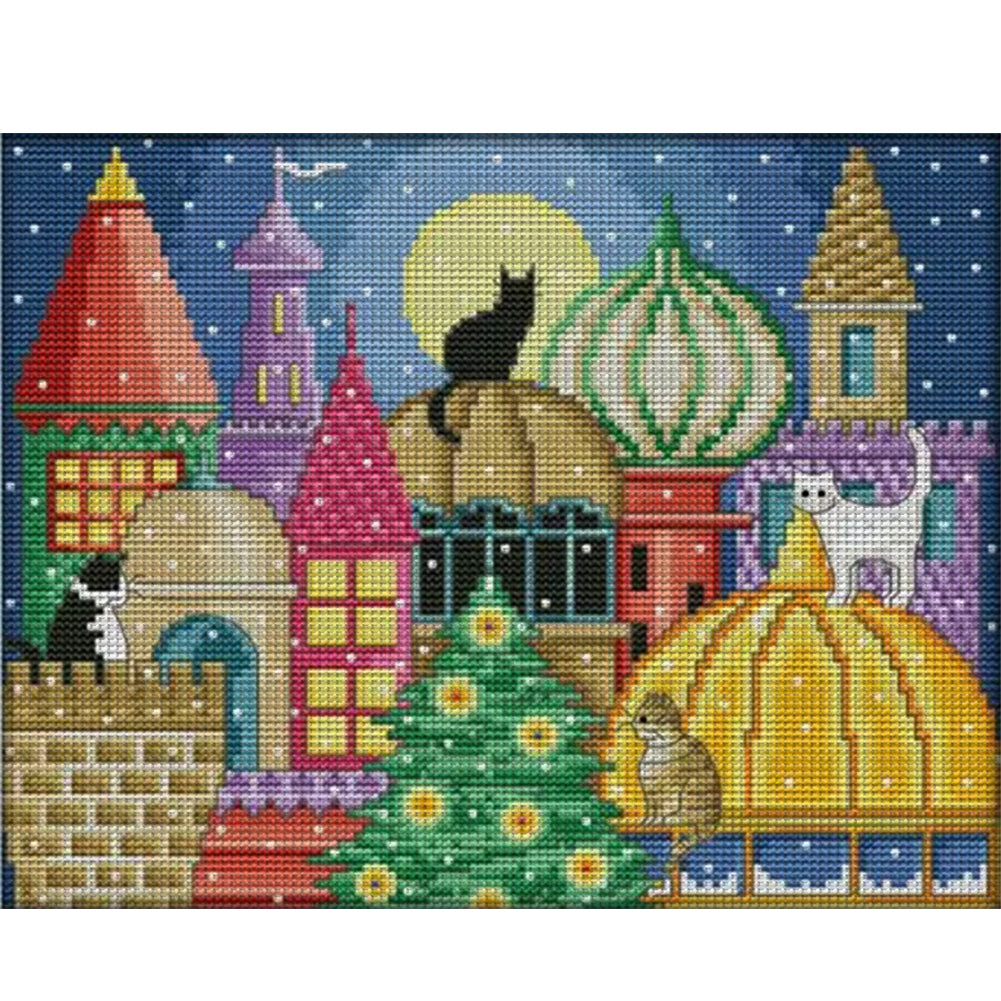 Cat City - 14CT Stamped Cross Stitch 30*25CM(Joy Sunday)