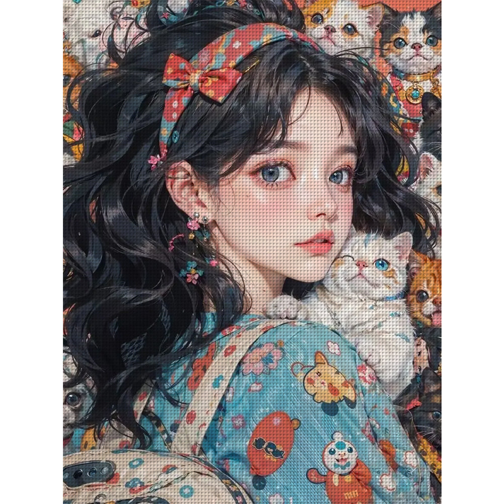 Black-Haired Floral Girl - 11CT Stamped Cross Stitch 40*55CM(Joy Sunday)