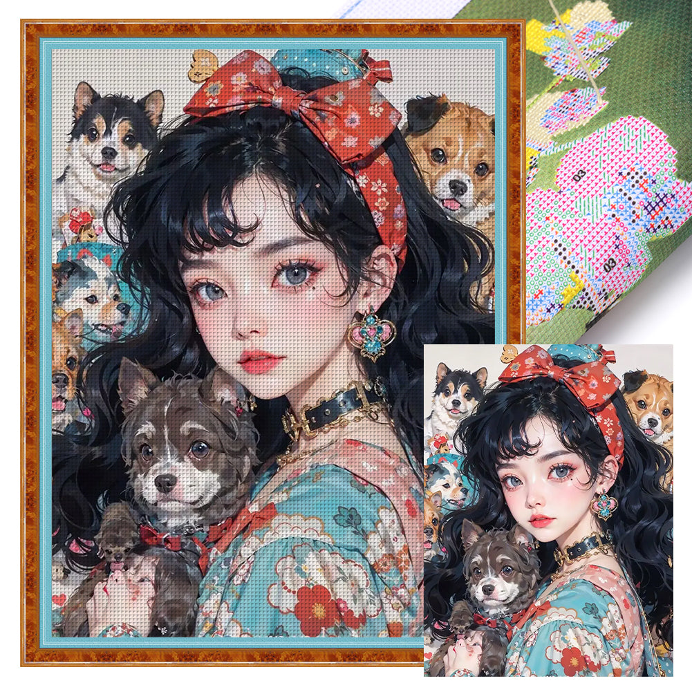 Black-Haired Floral Girl - 11CT Stamped Cross Stitch 40*55CM(Joy Sunday)