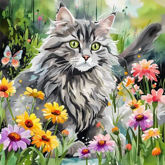 Cat And Flower - Full Round Drill Diamond Painting 30*30CM