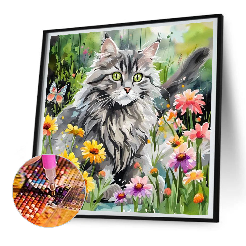 Cat And Flower - Full Round Drill Diamond Painting 30*30CM