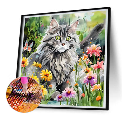 Cat And Flower - Full Round Drill Diamond Painting 30*30CM