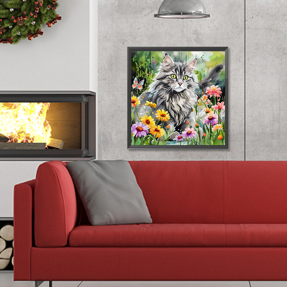 Cat And Flower - Full Round Drill Diamond Painting 30*30CM