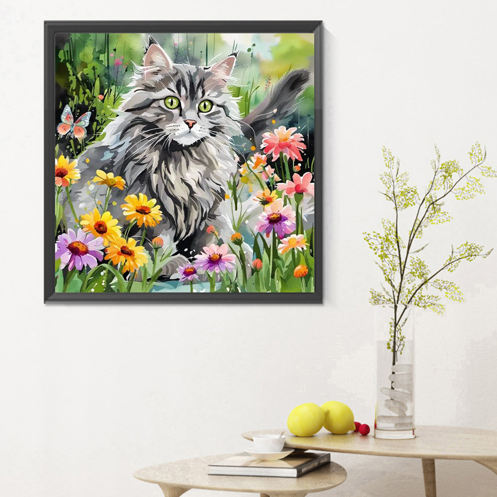 Cat And Flower - Full Round Drill Diamond Painting 30*30CM