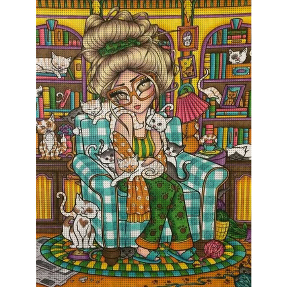 Cartoon Cat Girl With Big Eyes - 14CT Stamped Cross Stitch 40*55CM(Joy Sunday)