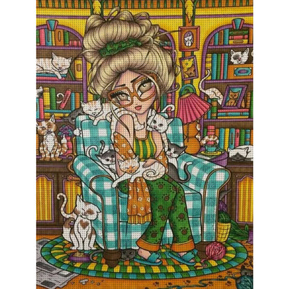 Cartoon Cat Girl With Big Eyes - 14CT Stamped Cross Stitch 40*55CM(Joy Sunday)