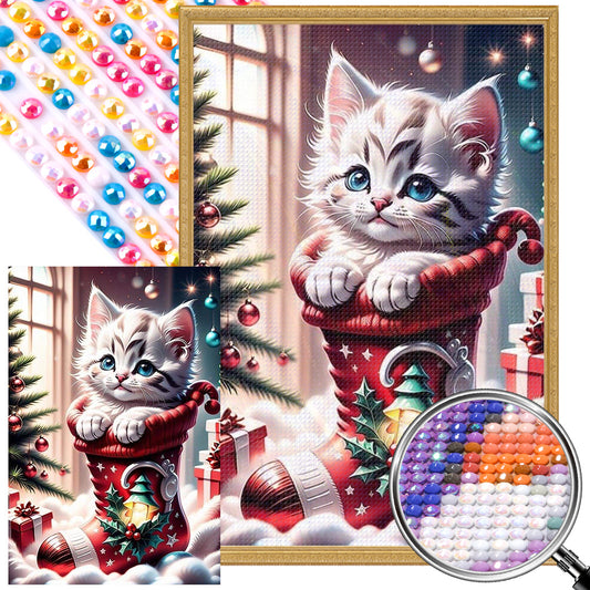 Christmas Stocking Cat - Full AB Round Drill Diamond Painting 40*60CM