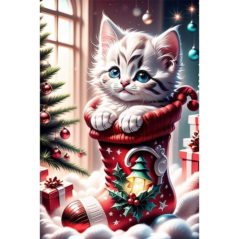 Christmas Stocking Cat - Full AB Round Drill Diamond Painting 40*60CM