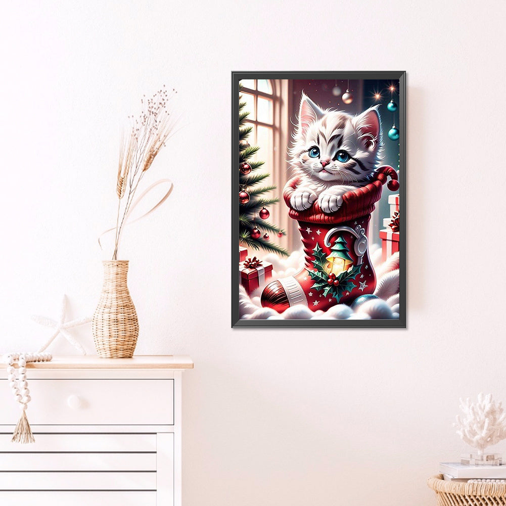 Christmas Stocking Cat - Full AB Round Drill Diamond Painting 40*60CM