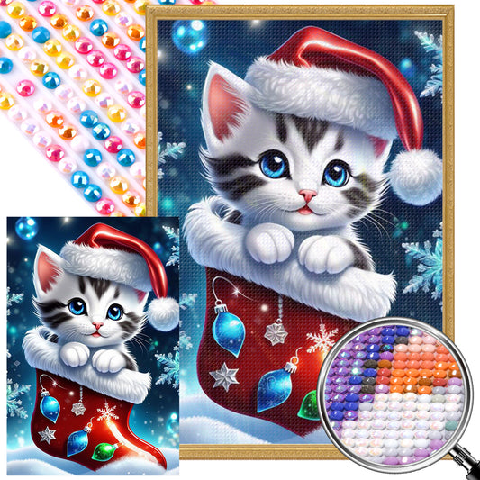 Christmas Stocking Cat - Full AB Round Drill Diamond Painting 40*60CM