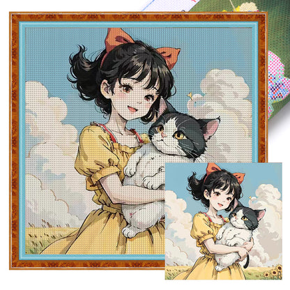 Girl And Cat - 11CT Stamped Cross Stitch 50*50CM(Joy Sunday)