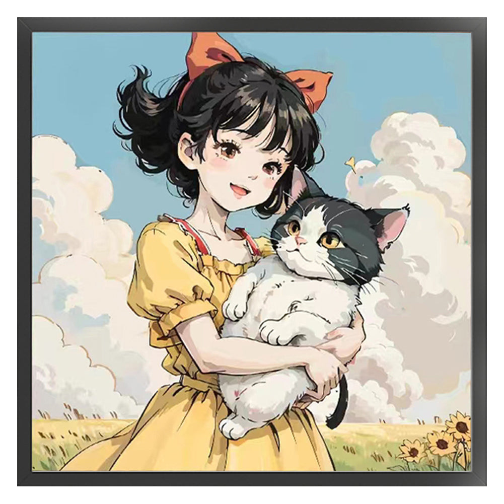 Girl And Cat - 11CT Stamped Cross Stitch 50*50CM(Joy Sunday)